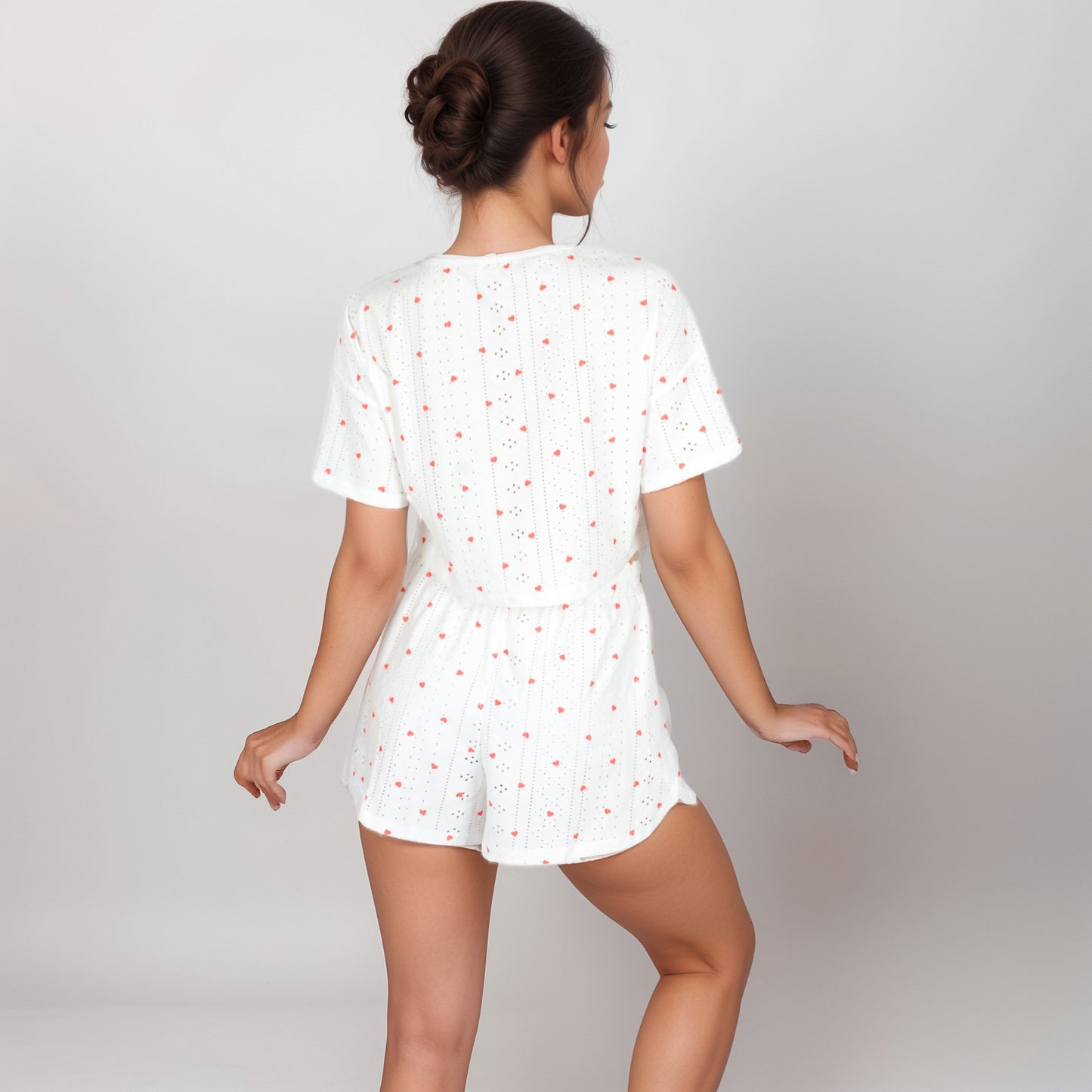 Anna-Kaci Women's Eyelet Pajama Set with Cropped Short Sleeve Top Embroidered Heart Detail and Elastic Waist Lounge Shorts