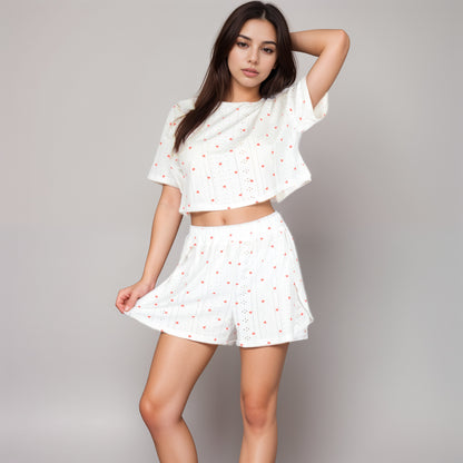Anna-Kaci Women's Eyelet Pajama Set with Cropped Short Sleeve Top Embroidered Heart Detail and Elastic Waist Lounge Shorts