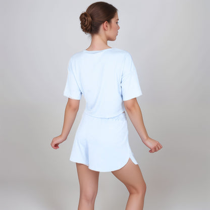 Anna-Kaci Women's Ribbed Pajama Set with Cropped Short Sleeve Top Crew Neckline and Elastic Waist Lounge Shorts