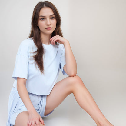 Anna-Kaci Women's Ribbed Pajama Set with Cropped Short Sleeve Top Crew Neckline and Elastic Waist Lounge Shorts
