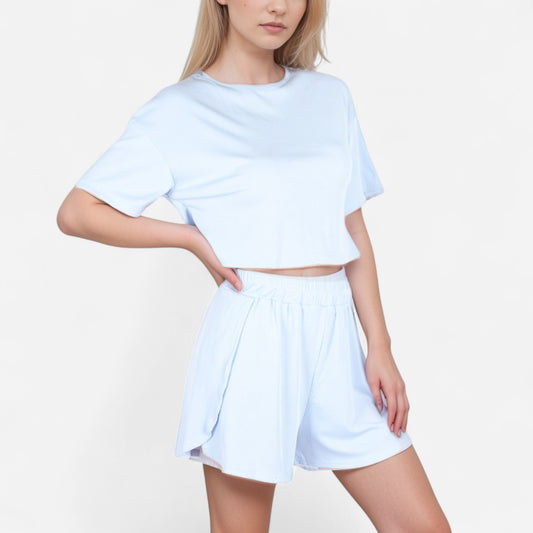 Anna-Kaci Women's Ribbed Pajama Set with Cropped Short Sleeve Top Crew Neckline and Elastic Waist Lounge Shorts