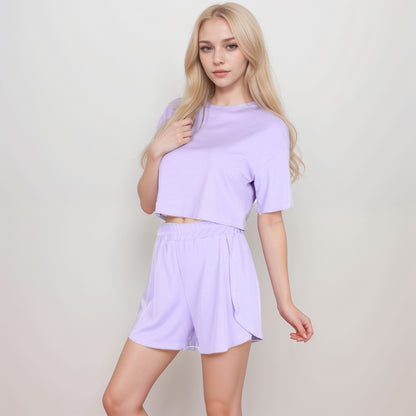 Anna-Kaci Women's Ribbed Pajama Set with Cropped Short Sleeve Top Crew Neckline and Elastic Waist Lounge Shorts