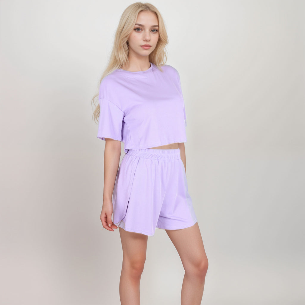 Anna-Kaci Women's Ribbed Pajama Set with Cropped Short Sleeve Top Crew Neckline and Elastic Waist Lounge Shorts
