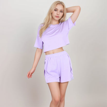 Anna-Kaci Women's Ribbed Pajama Set with Cropped Short Sleeve Top Crew Neckline and Elastic Waist Lounge Shorts