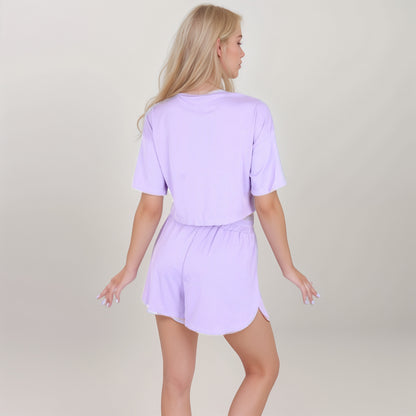 Anna-Kaci Women's Ribbed Pajama Set with Cropped Short Sleeve Top Crew Neckline and Elastic Waist Lounge Shorts