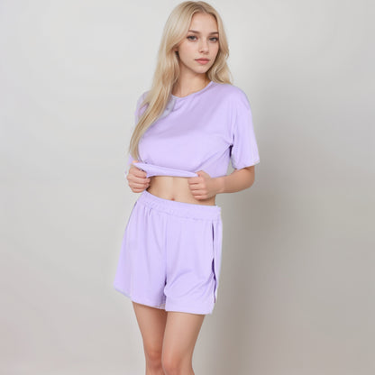 Anna-Kaci Women's Ribbed Pajama Set with Cropped Short Sleeve Top Crew Neckline and Elastic Waist Lounge Shorts