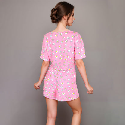Anna-Kaci Women's Daisy Print Pajama Set with Cropped Short Sleeve Top Crew Neckline and Elastic Waist Relaxed Fit Shorts