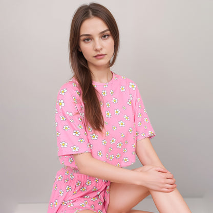 Anna-Kaci Women's Daisy Print Pajama Set with Cropped Short Sleeve Top Crew Neckline and Elastic Waist Relaxed Fit Shorts