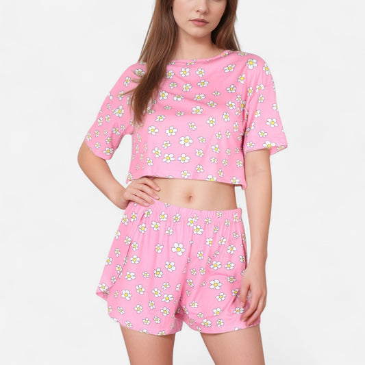 Anna-Kaci Women's Daisy Print Pajama Set with Cropped Short Sleeve Top Crew Neckline and Elastic Waist Relaxed Fit Shorts