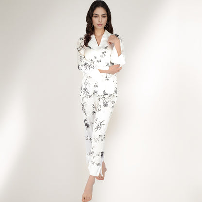 Anna-Kaci Women's Satin Floral Pajama Set with Long Sleeve Notched Collar Button-Up Top and Relaxed Fit Full-Length Pants