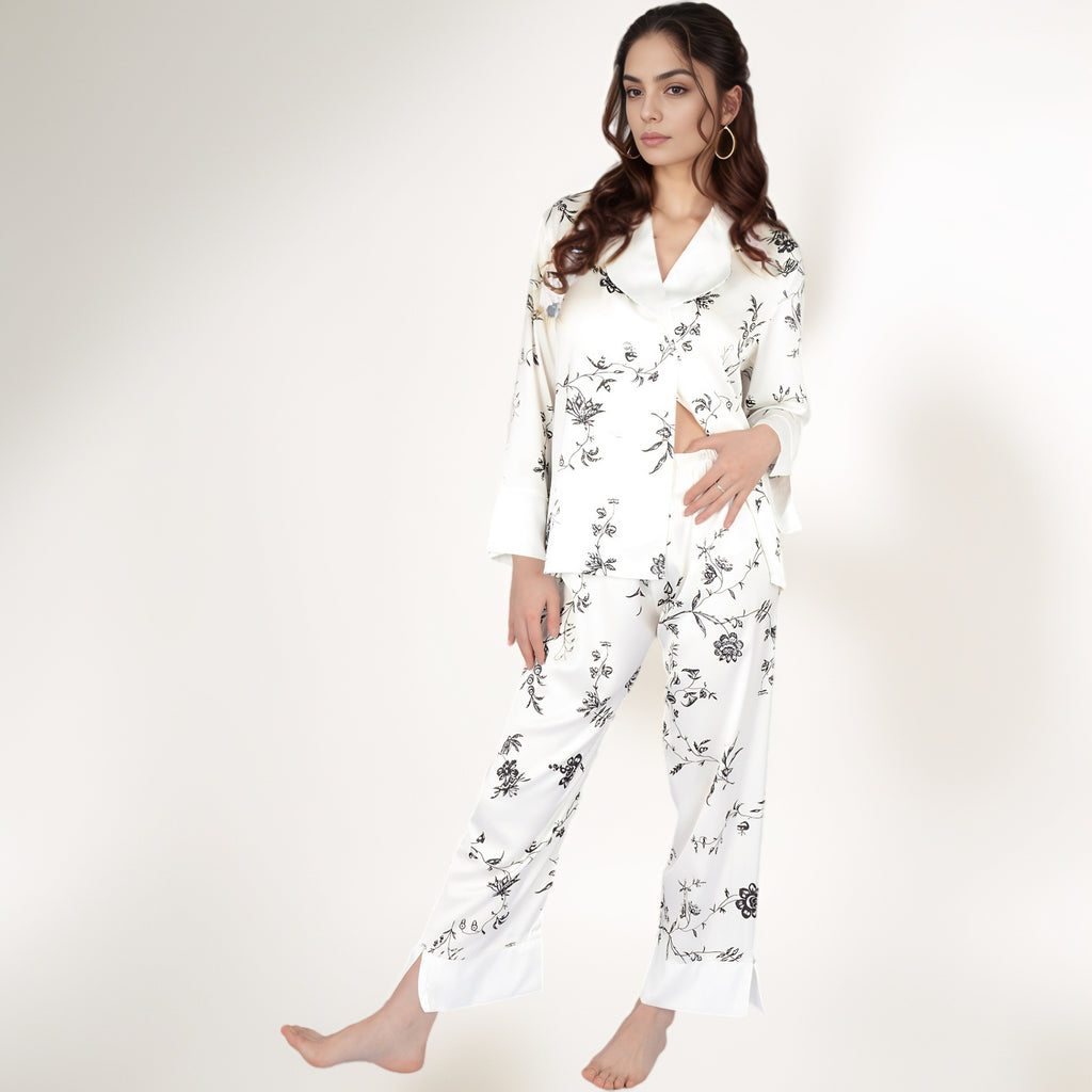 Anna-Kaci Women's Satin Floral Pajama Set with Long Sleeve Notched Collar Button-Up Top and Relaxed Fit Full-Length Pants
