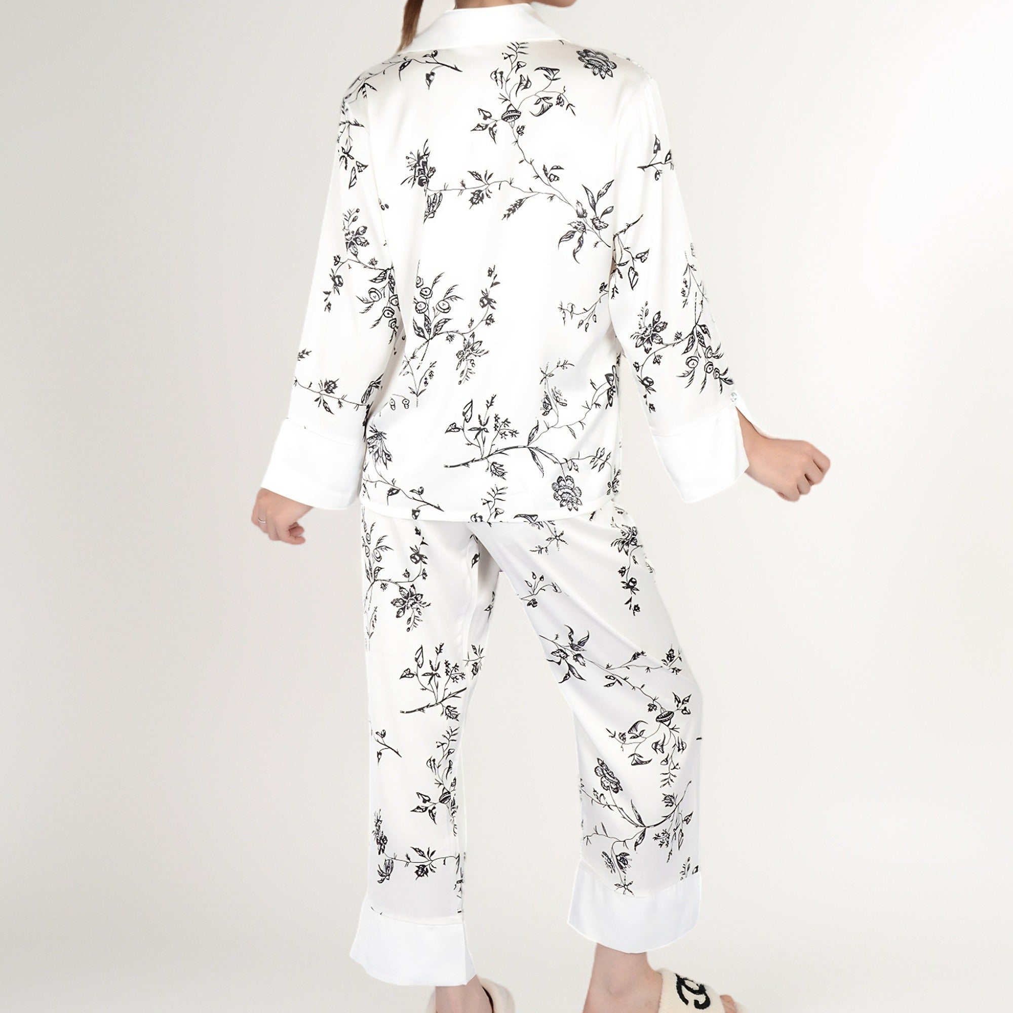 Anna-Kaci Women's Satin Floral Pajama Set with Long Sleeve Notched Collar Button-Up Top and Relaxed Fit Full-Length Pants
