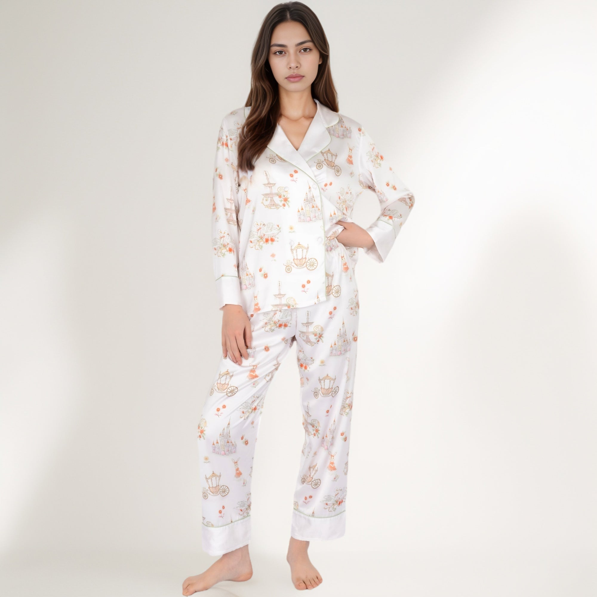 Anna-Kaci Women's Satin Floral Pajama Set with Long Sleeve Notched Collar Button-Up Top and Relaxed Fit Full-Length Pants