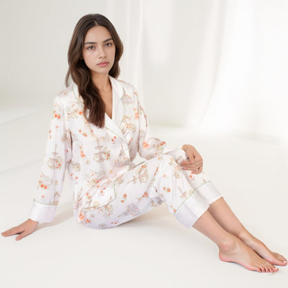 Anna-Kaci Women's Satin Floral Pajama Set with Long Sleeve Notched Collar Button-Up Top and Relaxed Fit Full-Length Pants