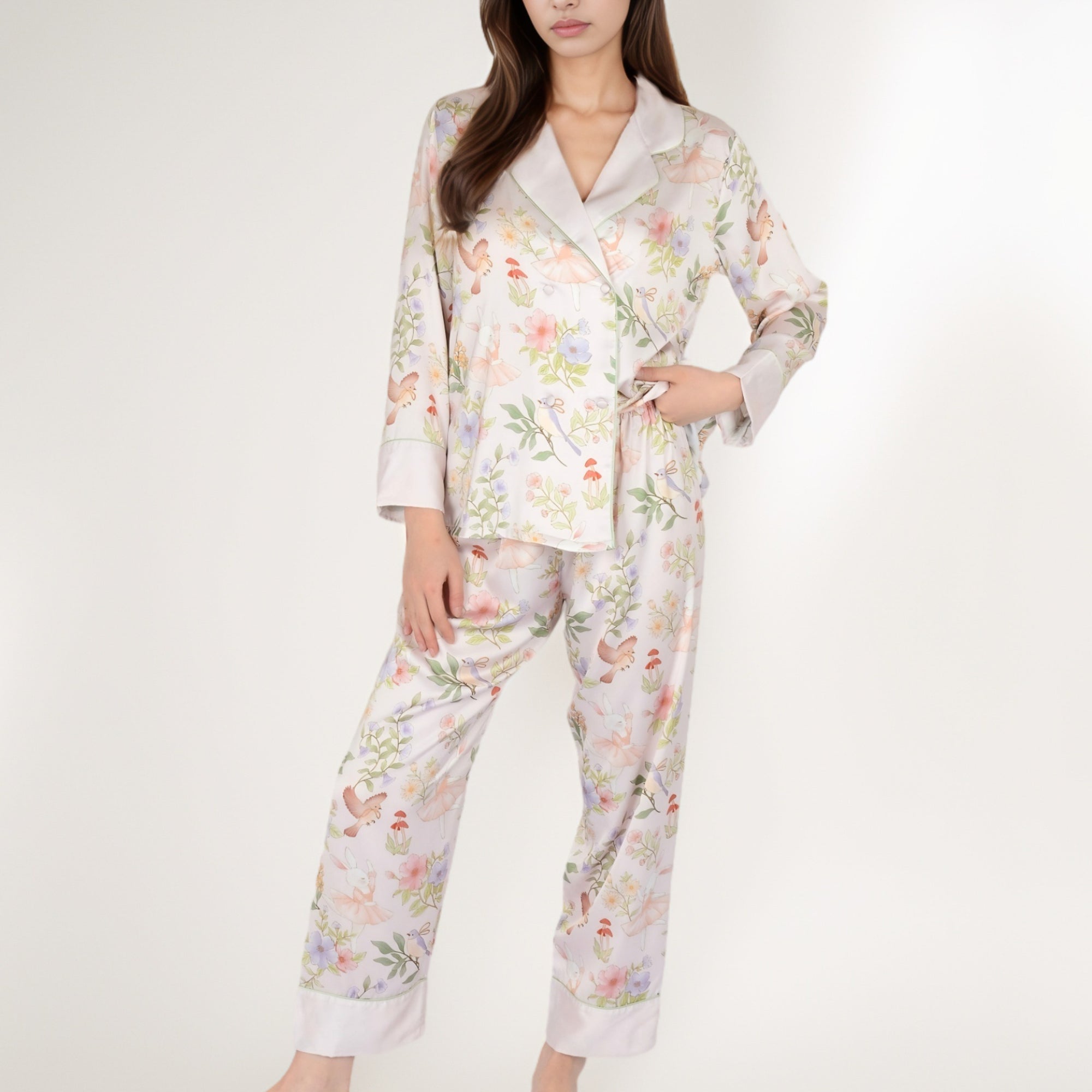 Anna-Kaci Women's Satin Floral Pajama Set with Long Sleeve Notched Collar Button-Up Top and Relaxed Fit Full-Length Pants