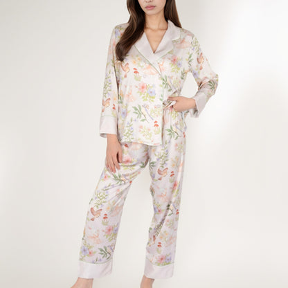 Anna-Kaci Women's Satin Floral Pajama Set with Long Sleeve Notched Collar Button-Up Top and Relaxed Fit Full-Length Pants
