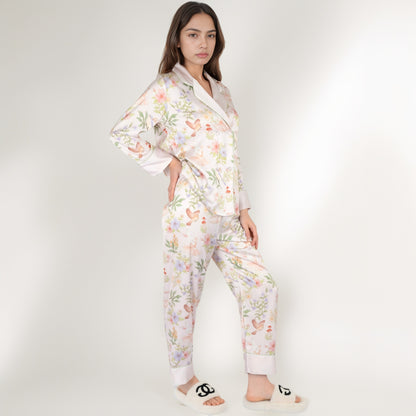 Anna-Kaci Women's Satin Floral Pajama Set with Long Sleeve Notched Collar Button-Up Top and Relaxed Fit Full-Length Pants