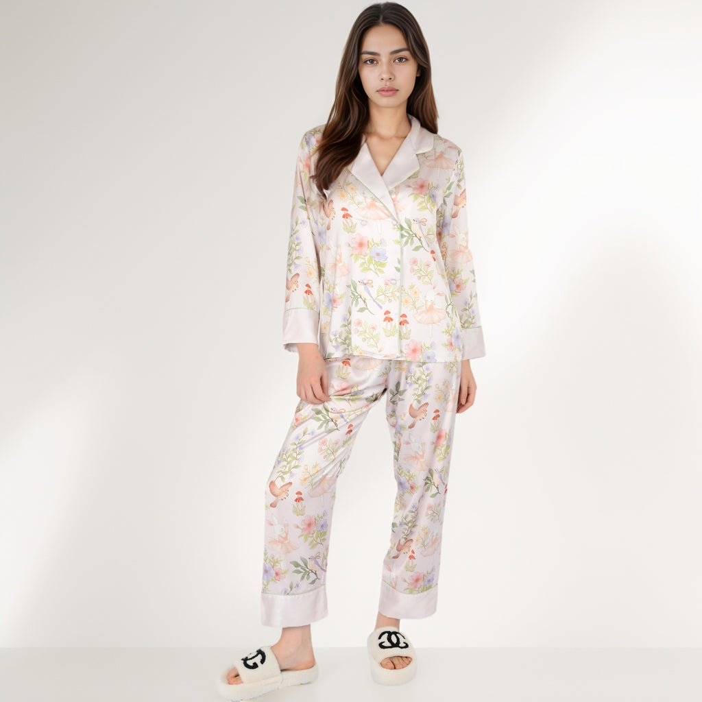 Anna-Kaci Women's Satin Floral Pajama Set with Long Sleeve Notched Collar Button-Up Top and Relaxed Fit Full-Length Pants