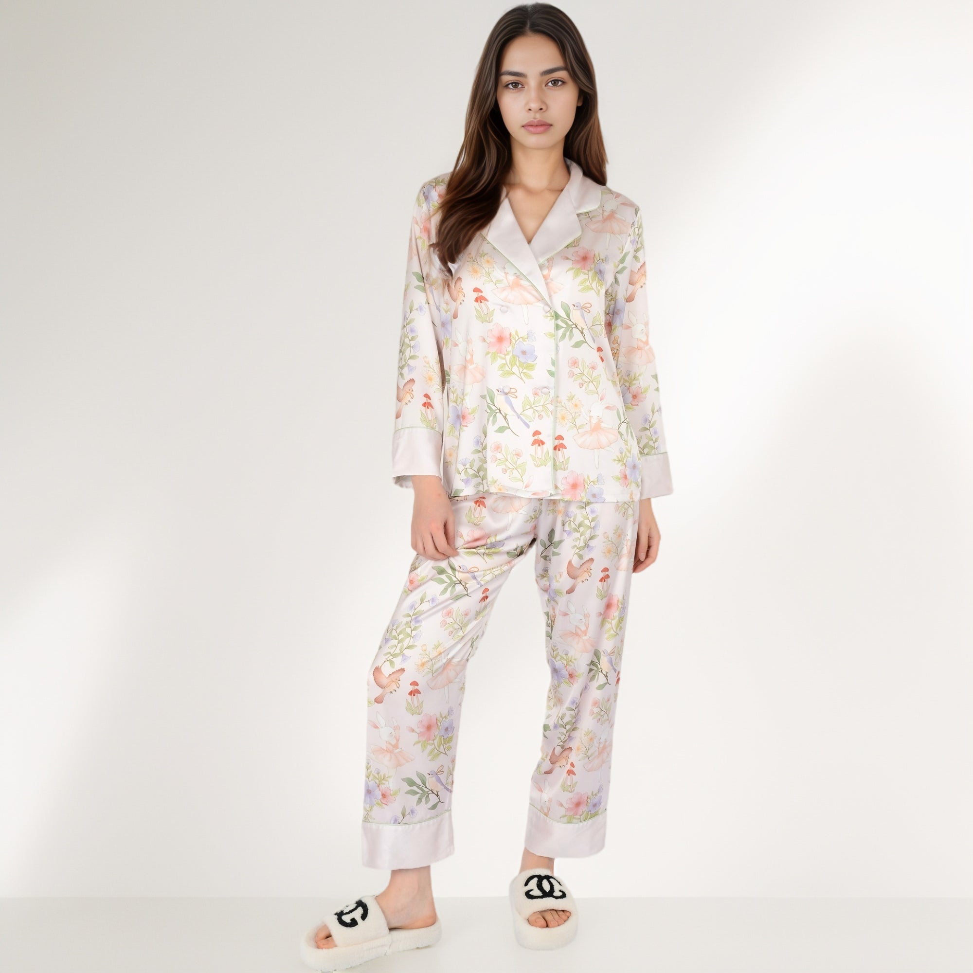 Anna-Kaci Women's Satin Floral Pajama Set with Long Sleeve Notched Collar Button-Up Top and Relaxed Fit Full-Length Pants