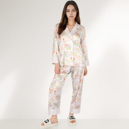 Anna-Kaci Women's Satin Floral Pajama Set with Long Sleeve Notched Collar Button-Up Top and Relaxed Fit Full-Length Pants