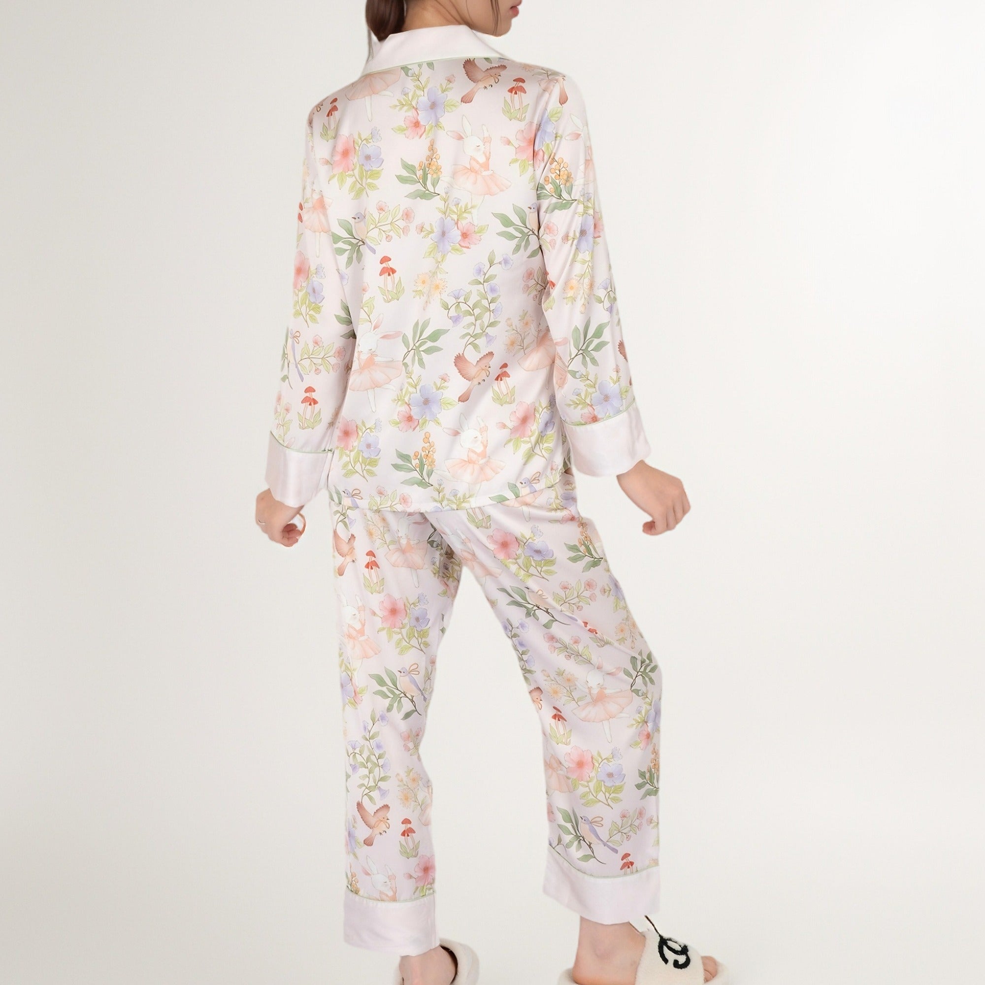 Anna-Kaci Women's Satin Floral Pajama Set with Long Sleeve Notched Collar Button-Up Top and Relaxed Fit Full-Length Pants
