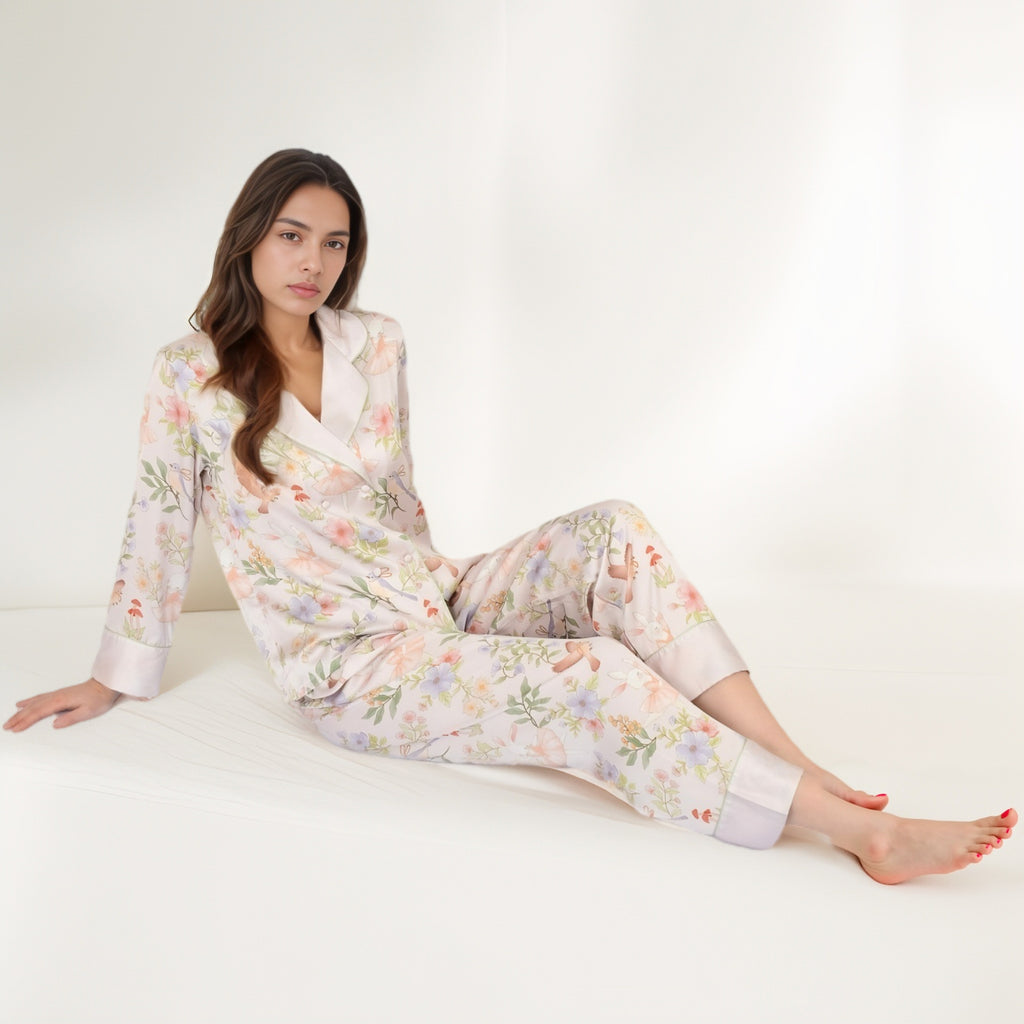 Anna-Kaci Women's Satin Floral Pajama Set with Long Sleeve Notched Collar Button-Up Top and Relaxed Fit Full-Length Pants