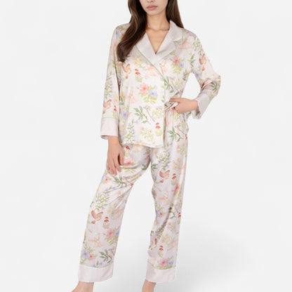 Anna-Kaci Women's Satin Floral Pajama Set with Long Sleeve Notched Collar Button-Up Top and Relaxed Fit Full-Length Pants