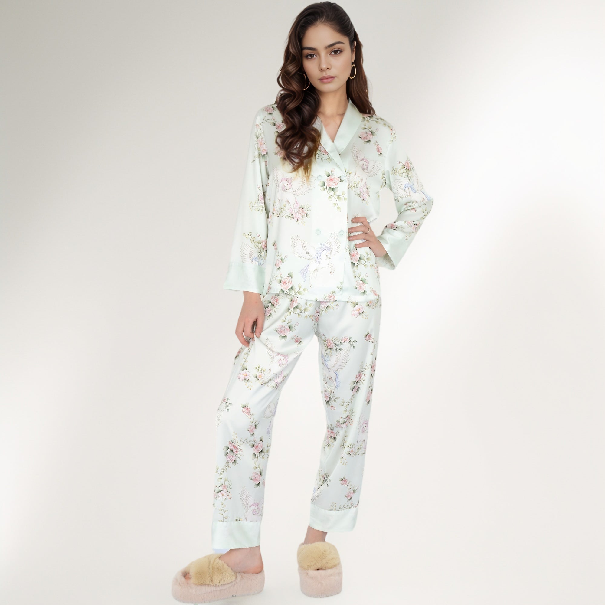 Anna-Kaci Women's Satin Floral Pajama Set with Long Sleeve Notched Collar Button-Up Top and Relaxed Fit Full-Length Pants