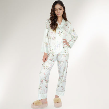 Anna-Kaci Women's Satin Floral Pajama Set with Long Sleeve Notched Collar Button-Up Top and Relaxed Fit Full-Length Pants