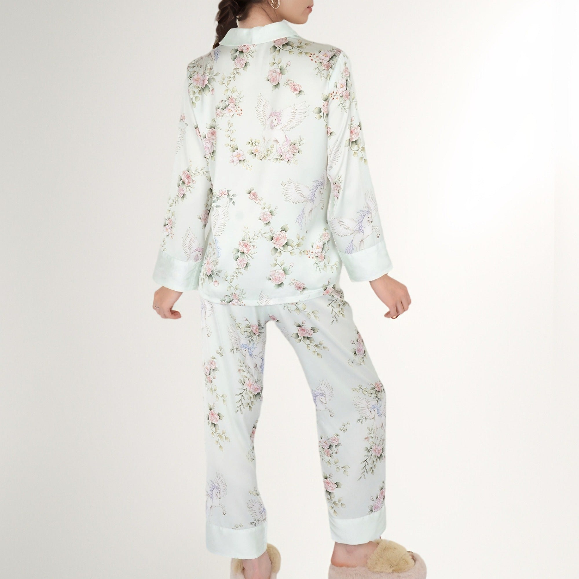 Anna-Kaci Women's Satin Floral Pajama Set with Long Sleeve Notched Collar Button-Up Top and Relaxed Fit Full-Length Pants