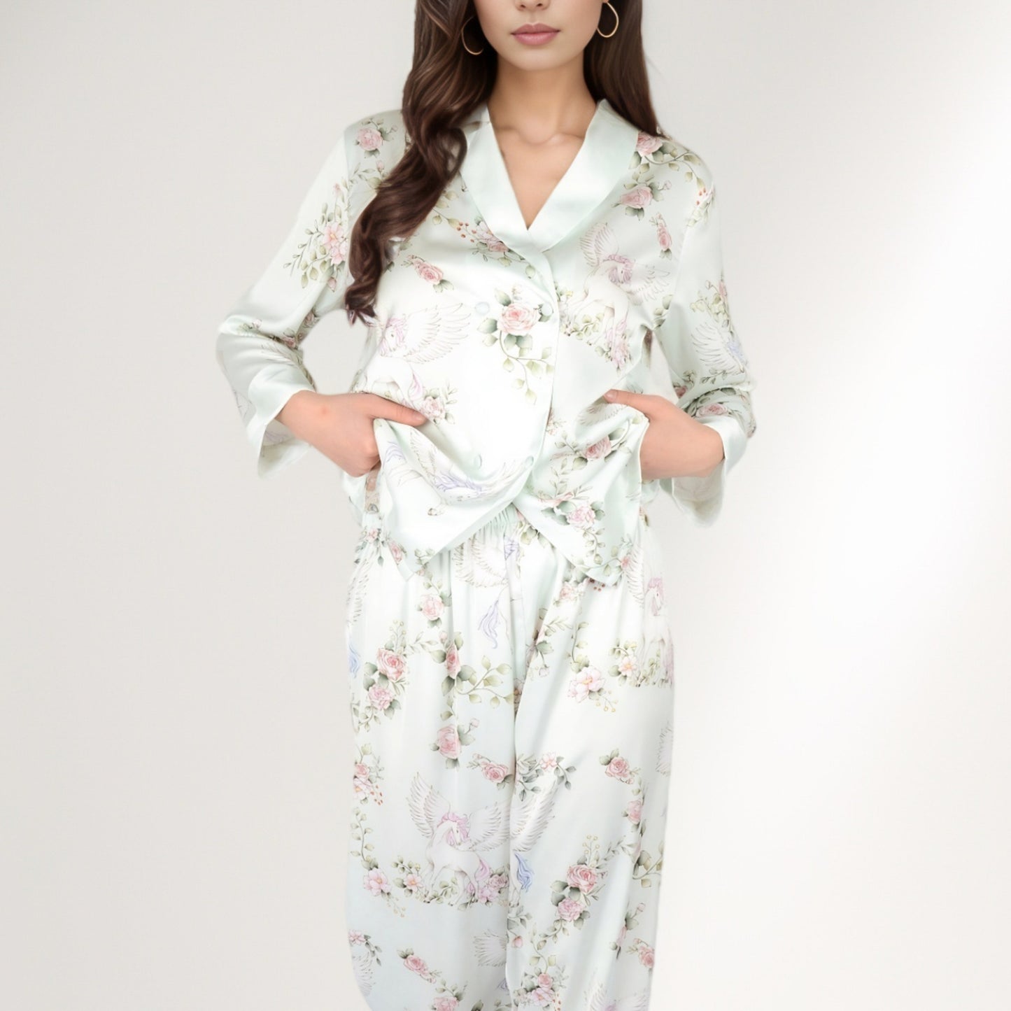 Anna-Kaci Women's Satin Floral Pajama Set with Long Sleeve Notched Collar Button-Up Top and Relaxed Fit Full-Length Pants