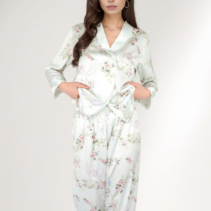 Anna-Kaci Women's Satin Floral Pajama Set with Long Sleeve Notched Collar Button-Up Top and Relaxed Fit Full-Length Pants