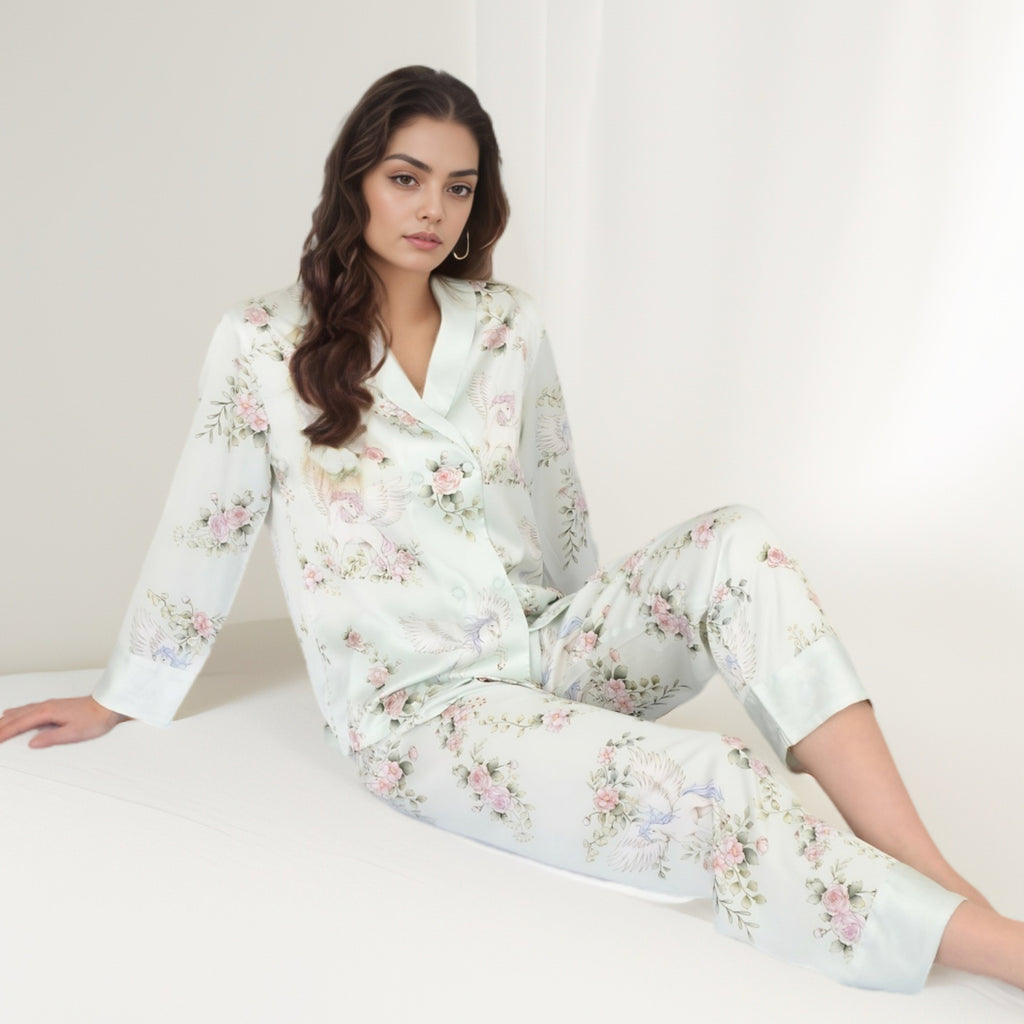 Anna-Kaci Women's Satin Floral Pajama Set with Long Sleeve Notched Collar Button-Up Top and Relaxed Fit Full-Length Pants
