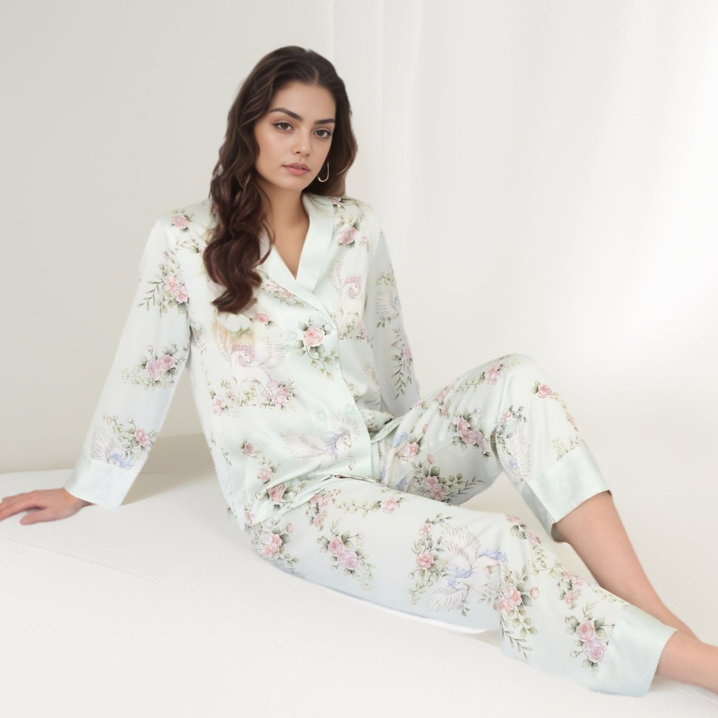 Anna-Kaci Women's Satin Floral Pajama Set with Long Sleeve Notched Collar Button-Up Top and Relaxed Fit Full-Length Pants
