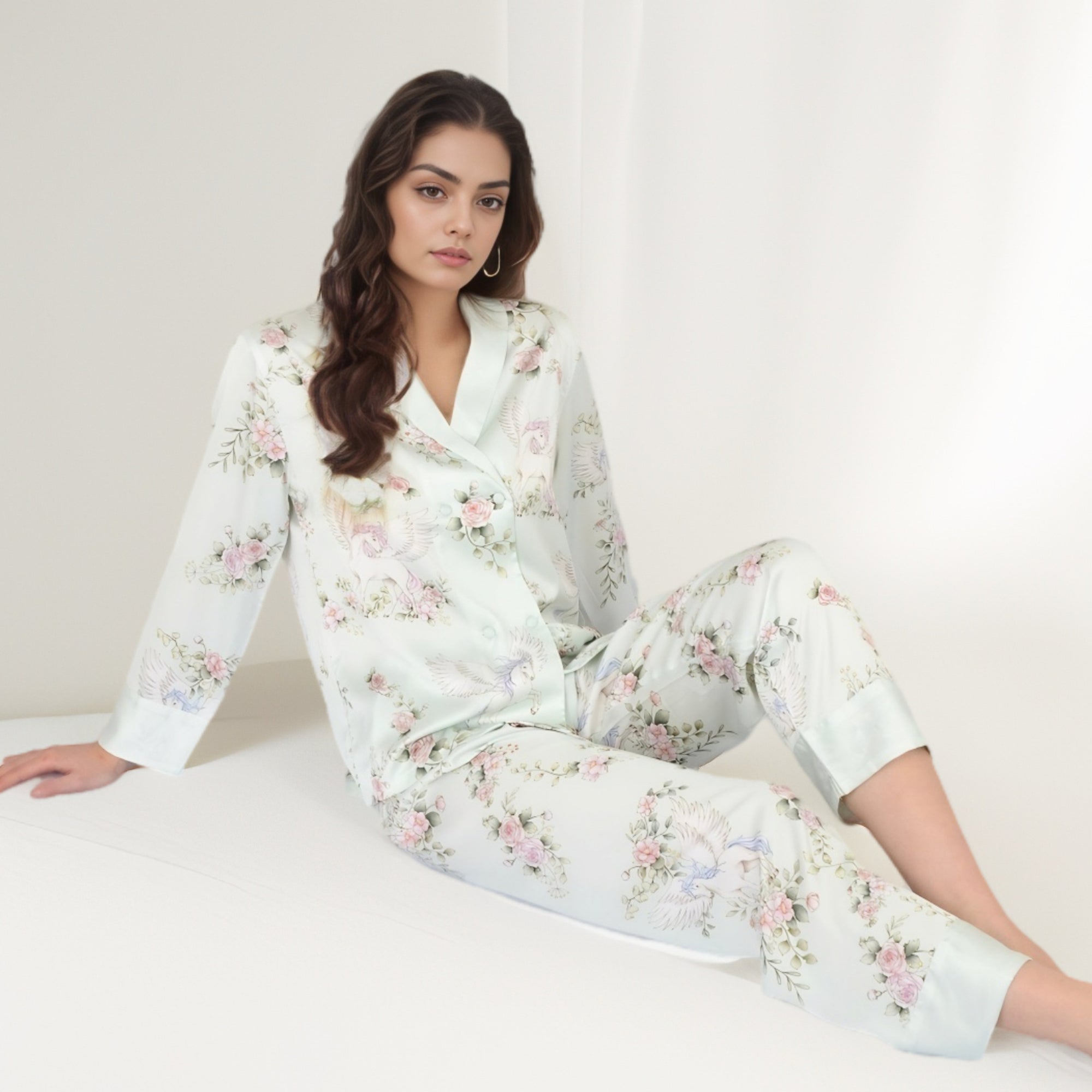 Anna-Kaci Women's Satin Floral Pajama Set with Long Sleeve Notched Collar Button-Up Top and Relaxed Fit Full-Length Pants