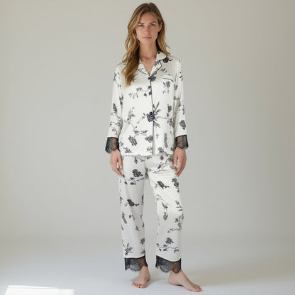 Anna-Kaci Lounge Women's Satin Pajama Set with Floral Print Long Sleeves and Lace Trim Cuffs and Hem