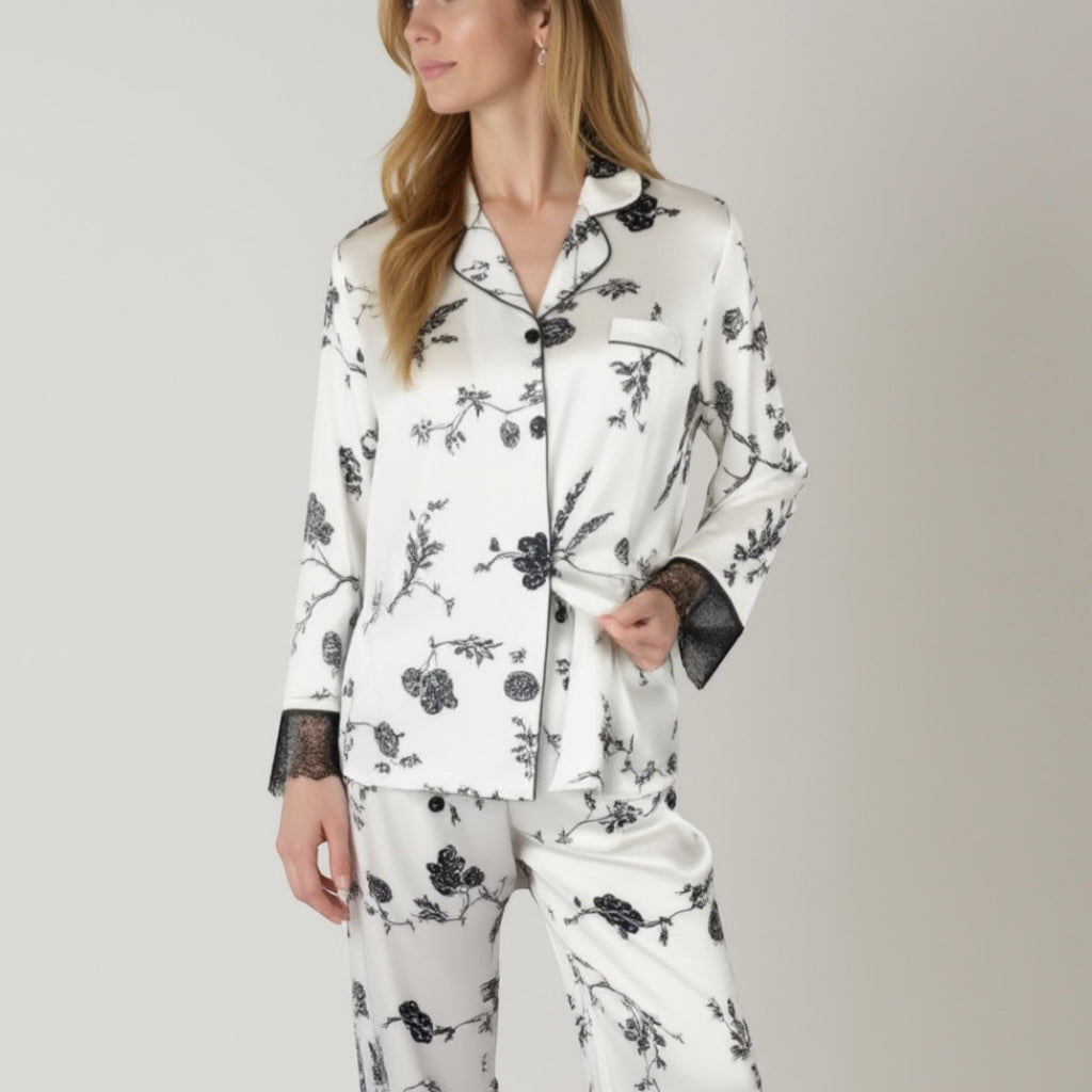 Anna-Kaci Lounge Women's Satin Pajama Set with Floral Print Long Sleeves and Lace Trim Cuffs and Hem