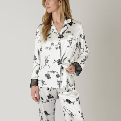 Anna-Kaci Lounge Women's Satin Pajama Set with Floral Print Long Sleeves and Lace Trim Cuffs and Hem