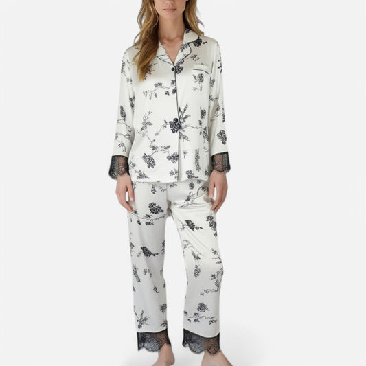 Anna-Kaci Lounge Women's Satin Pajama Set with Floral Print Long Sleeves and Lace Trim Cuffs and Hem