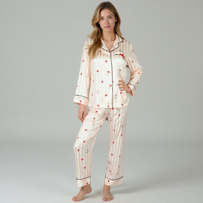 Anna-Kaci Lounge Women's Satin Pajama Set with Striped Print Contrast Trim and Long Sleeve Button-Up Top