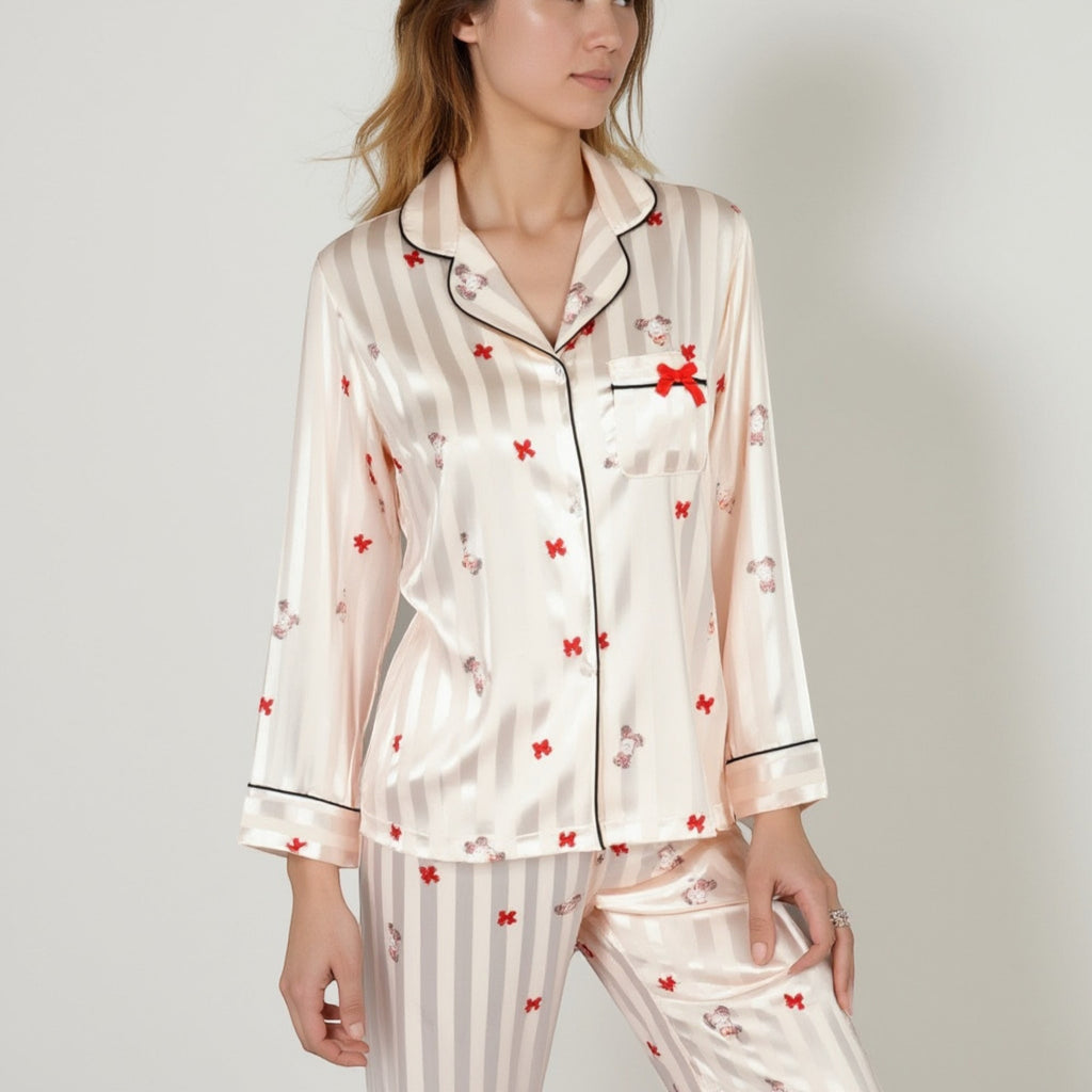 Anna-Kaci Lounge Women's Satin Pajama Set with Striped Print Contrast Trim and Long Sleeve Button-Up Top