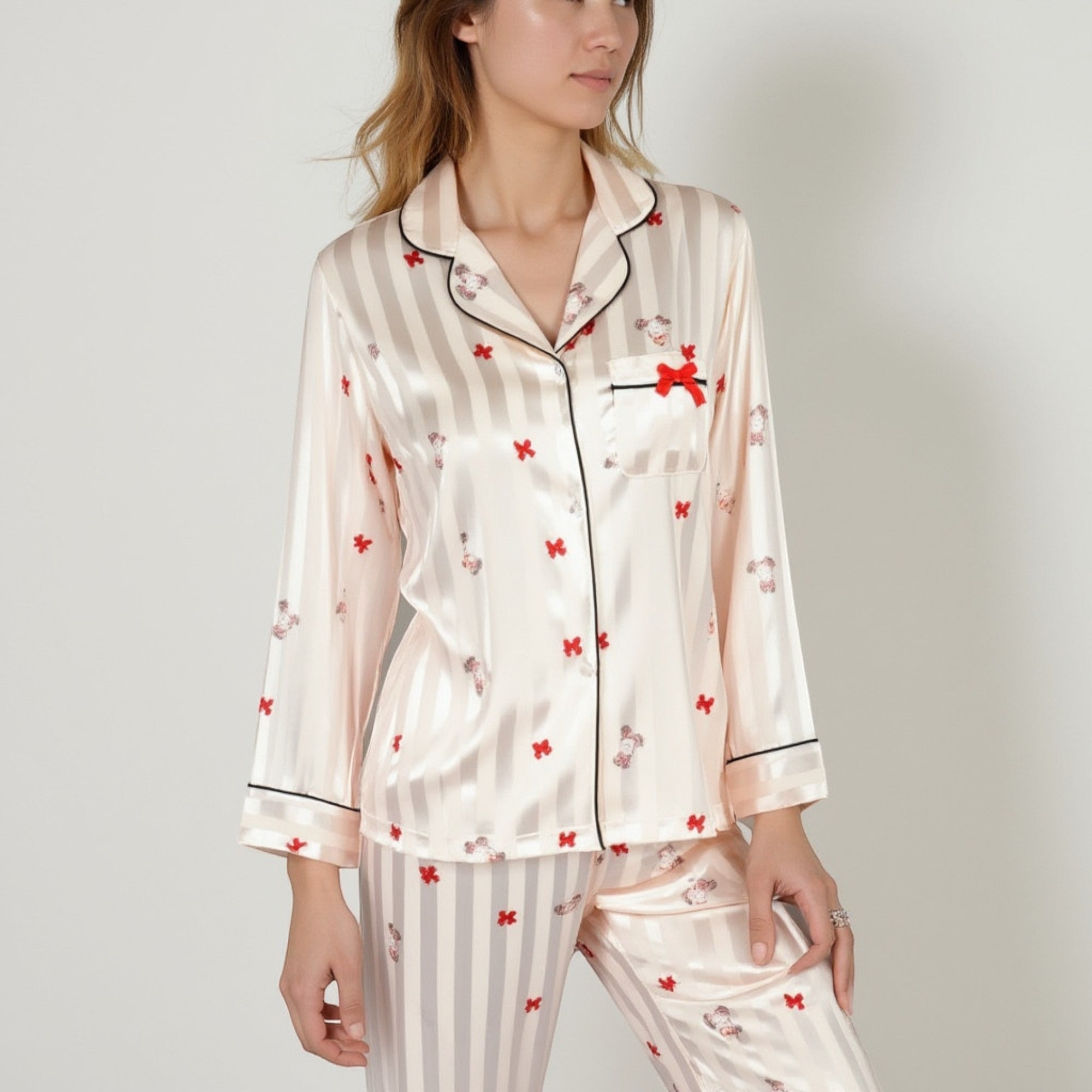 Anna-Kaci Lounge Women's Satin Pajama Set with Striped Print Contrast Trim and Long Sleeve Button-Up Top