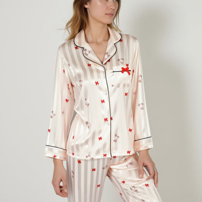Anna-Kaci Lounge Women's Satin Pajama Set with Striped Print Contrast Trim and Long Sleeve Button-Up Top