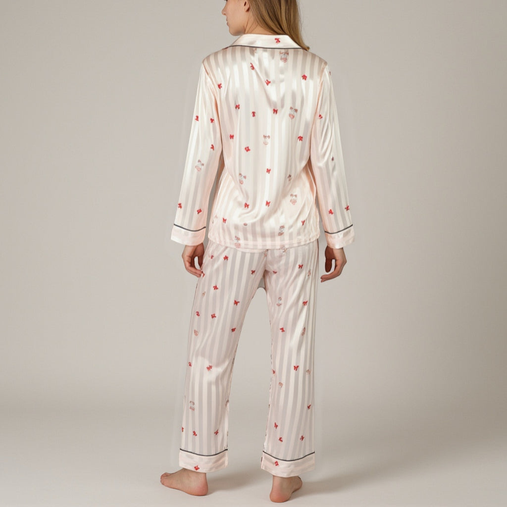 Anna-Kaci Lounge Women's Satin Pajama Set with Striped Print Contrast Trim and Long Sleeve Button-Up Top