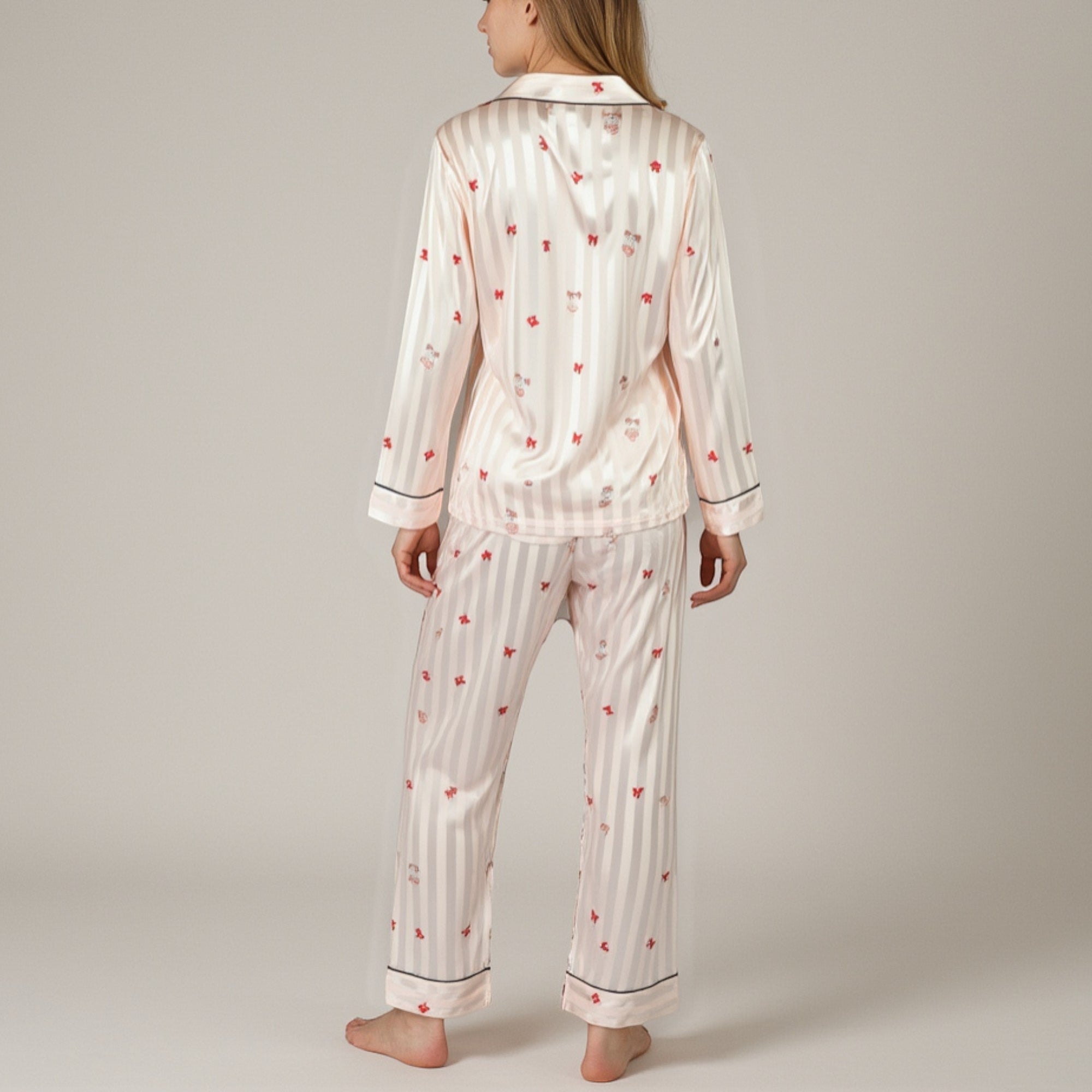Anna-Kaci Lounge Women's Satin Pajama Set with Striped Print Contrast Trim and Long Sleeve Button-Up Top
