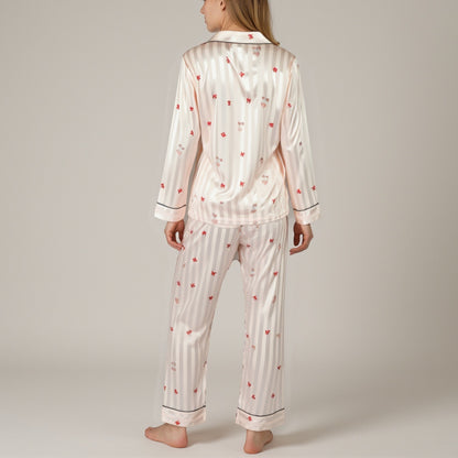 Anna-Kaci Lounge Women's Satin Pajama Set with Striped Print Contrast Trim and Long Sleeve Button-Up Top
