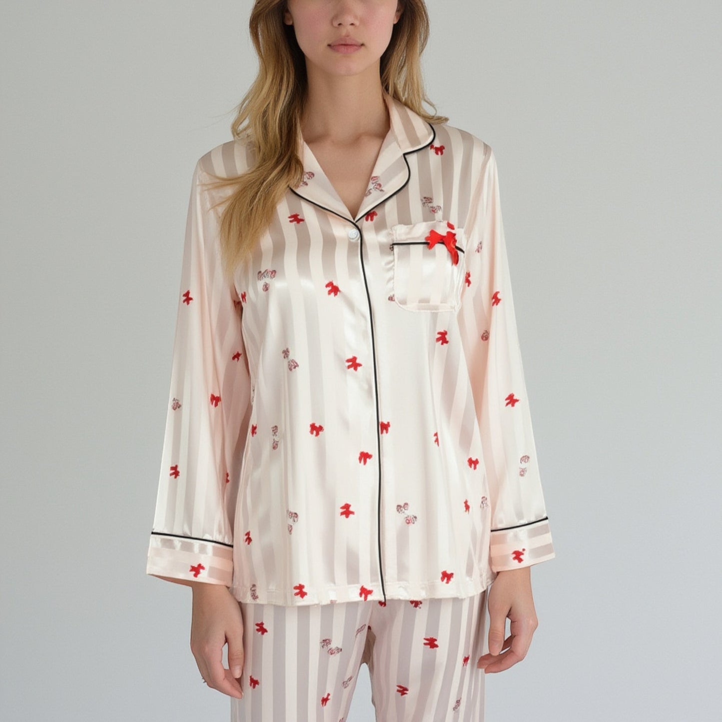 Anna-Kaci Lounge Women's Satin Pajama Set with Striped Print Contrast Trim and Long Sleeve Button-Up Top