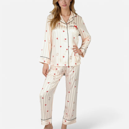Anna-Kaci Lounge Women's Satin Pajama Set with Striped Print Contrast Trim and Long Sleeve Button-Up Top