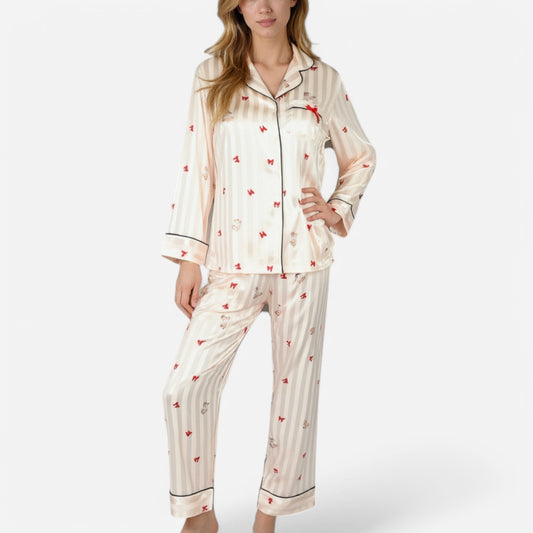 Anna-Kaci Lounge Women's Satin Pajama Set with Striped Print Contrast Trim and Long Sleeve Button-Up Top