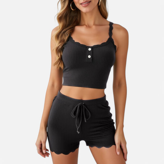 Anna-Kaci Lounge Women's Ribbed Lace Trim Pajama Set with Button Front and Drawstring Shorts